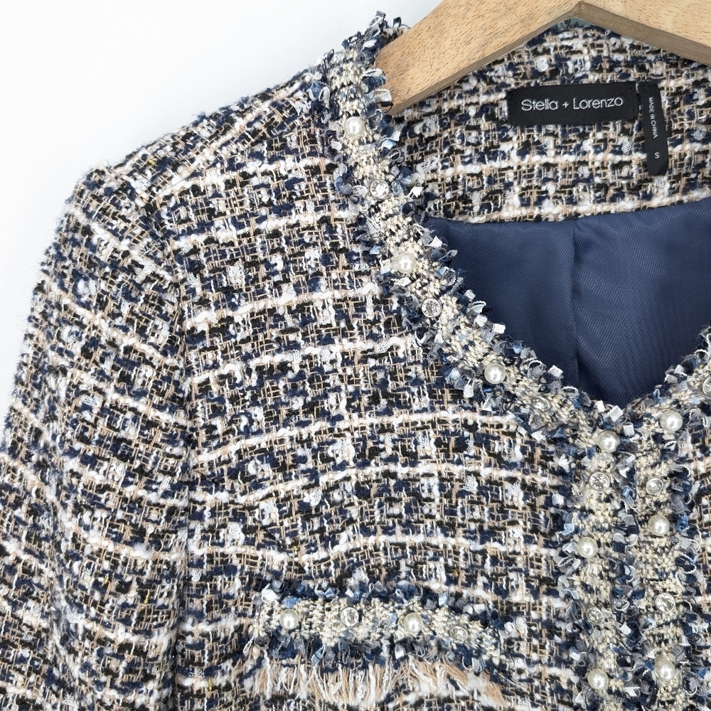 Stella + Lorenzo Tweed Jacket Blazer Navy Blue Small Preppy Old Money - Picture 2 of 8